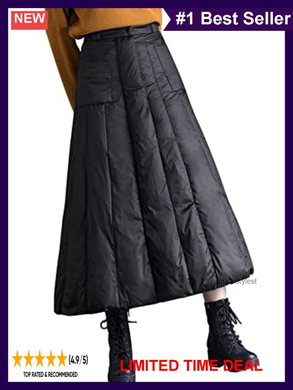 Insulated Down A-Line Maxi Skirt Elastic Waist Snap Pockets Winter